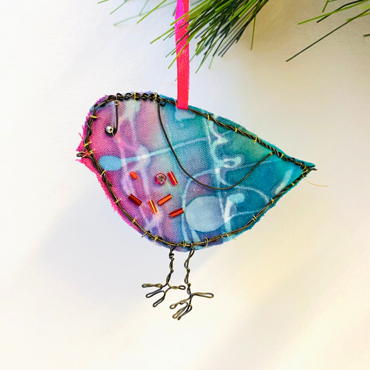 Wire & Batik Robin Decoration - Blue & Pink
