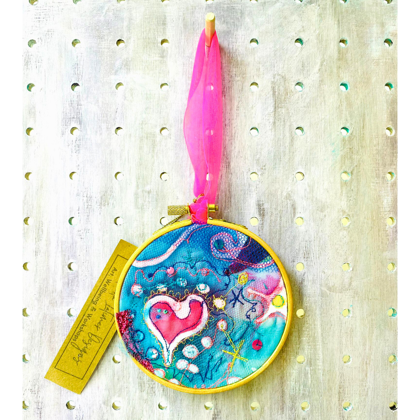 Medium Embroidered Heart Hoop Gold with Pink Ribbon