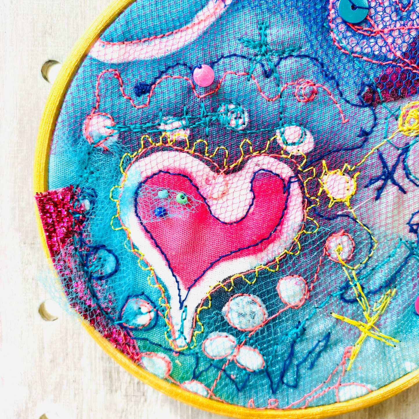 Medium Embroidered Heart Hoop Gold with Pink Ribbon
