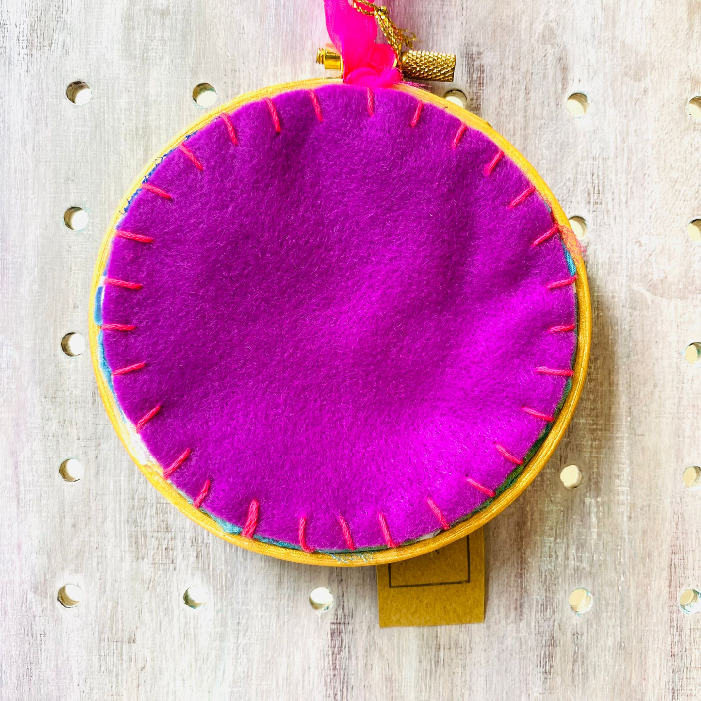 Medium Embroidered Heart Hoop Gold with Pink Ribbon