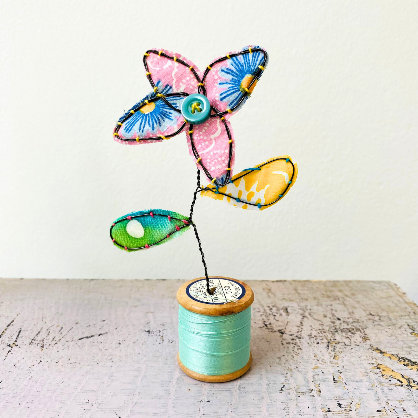 Handcrafted Flower Sculpture Stitched with Wire, Vintage & Batik Fabric in Blue and Pink