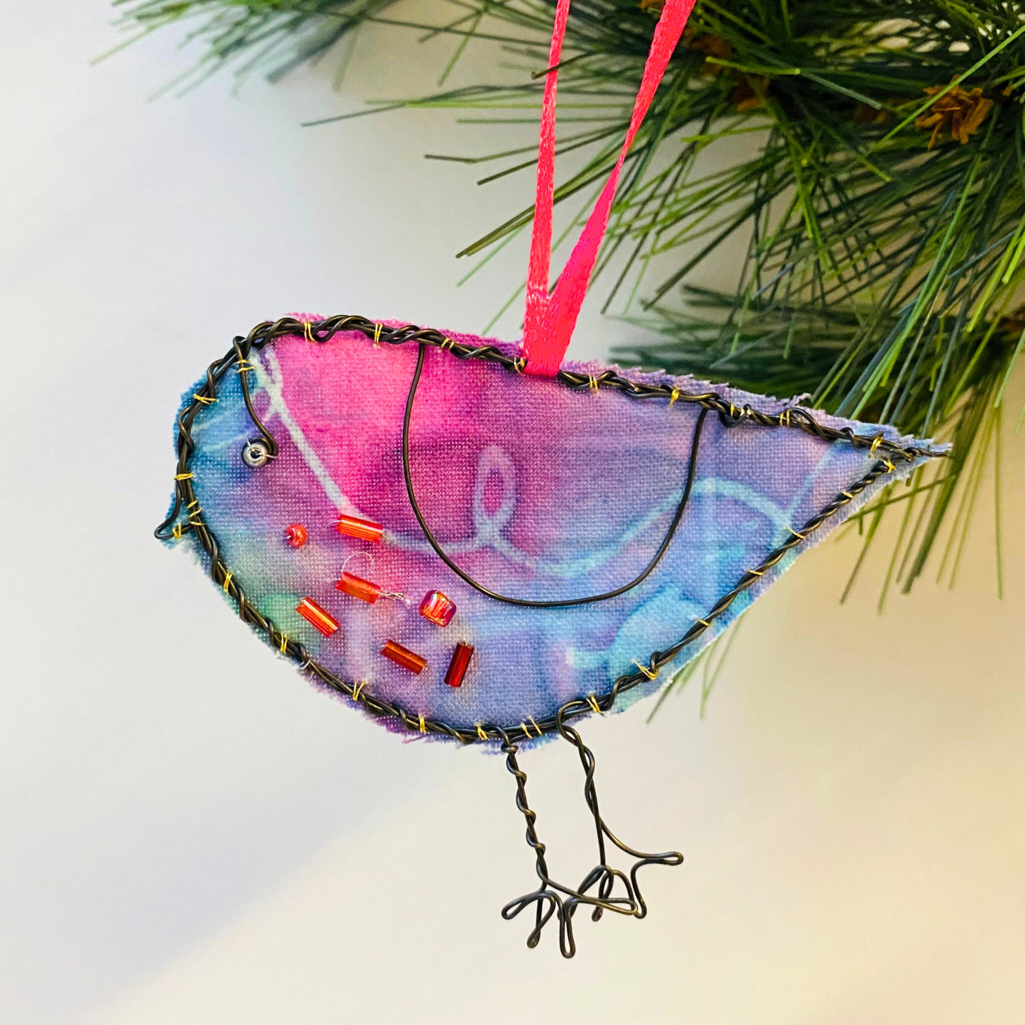Wire & Batik Robin Decoration - Purple & Pink