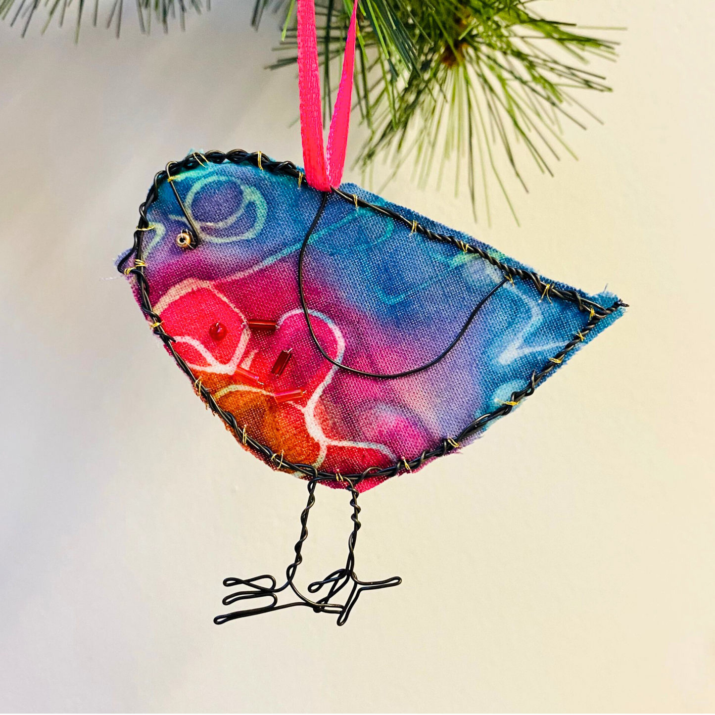 Wire & Batik Robin Decoration - Blue & Pink