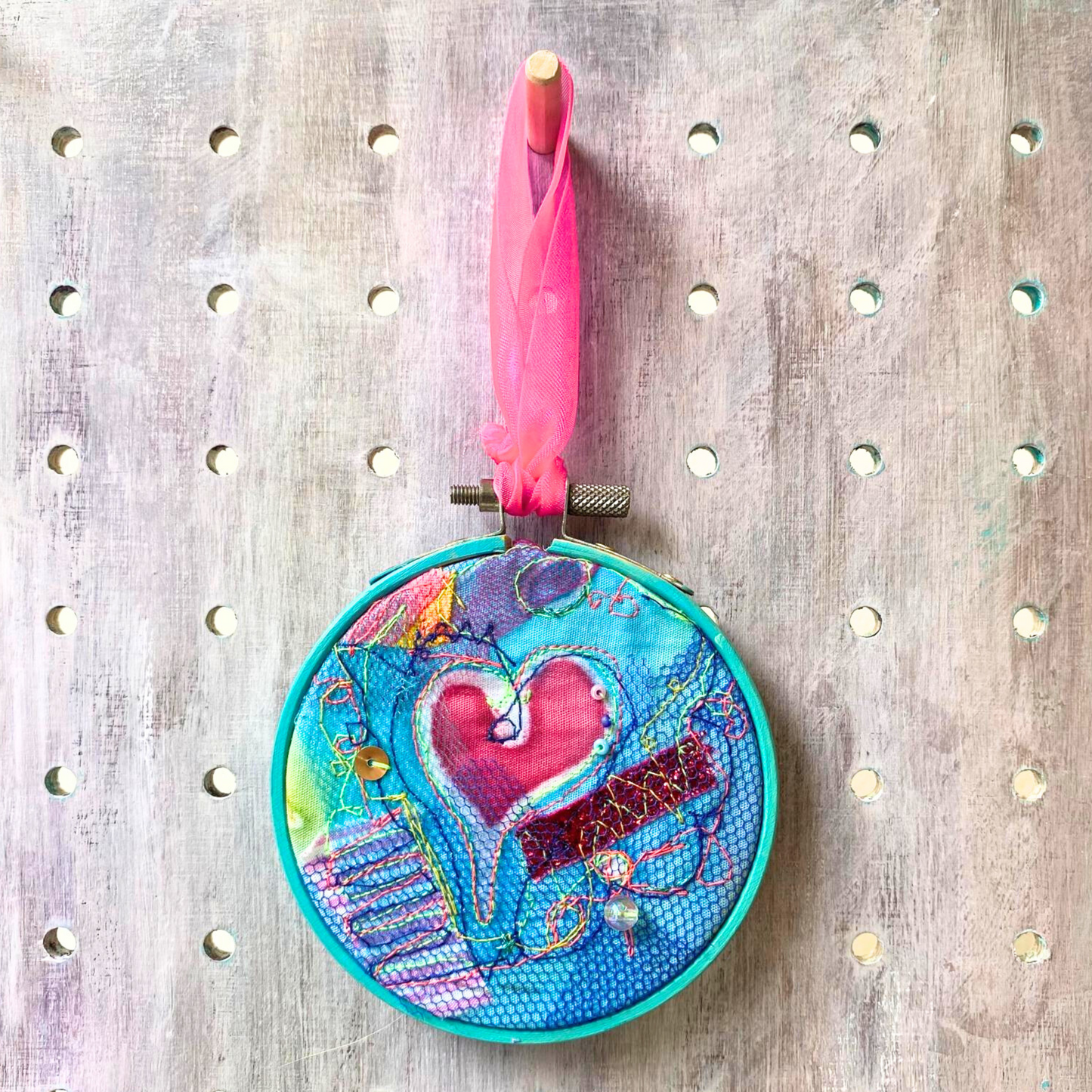 Medium Turquoise Heart Hoop with Pink Ribbon
