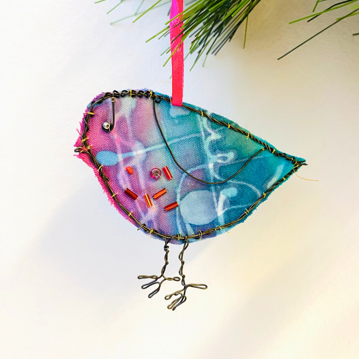 Wire & Batik Robin Decoration  - Blue & Pink