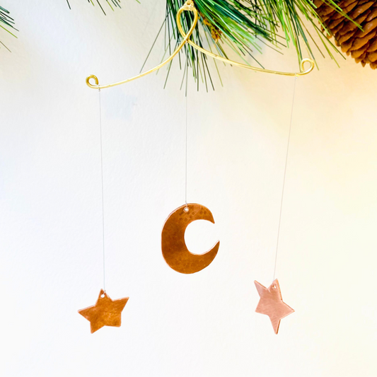 Handcrafted Lunar Metal Mobile - Copper Half Moon with two Copper Stars