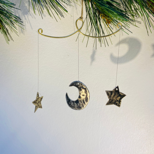 Handcrafted Lunar Metal Mobile - Nickel Silver Half Moon and Stars