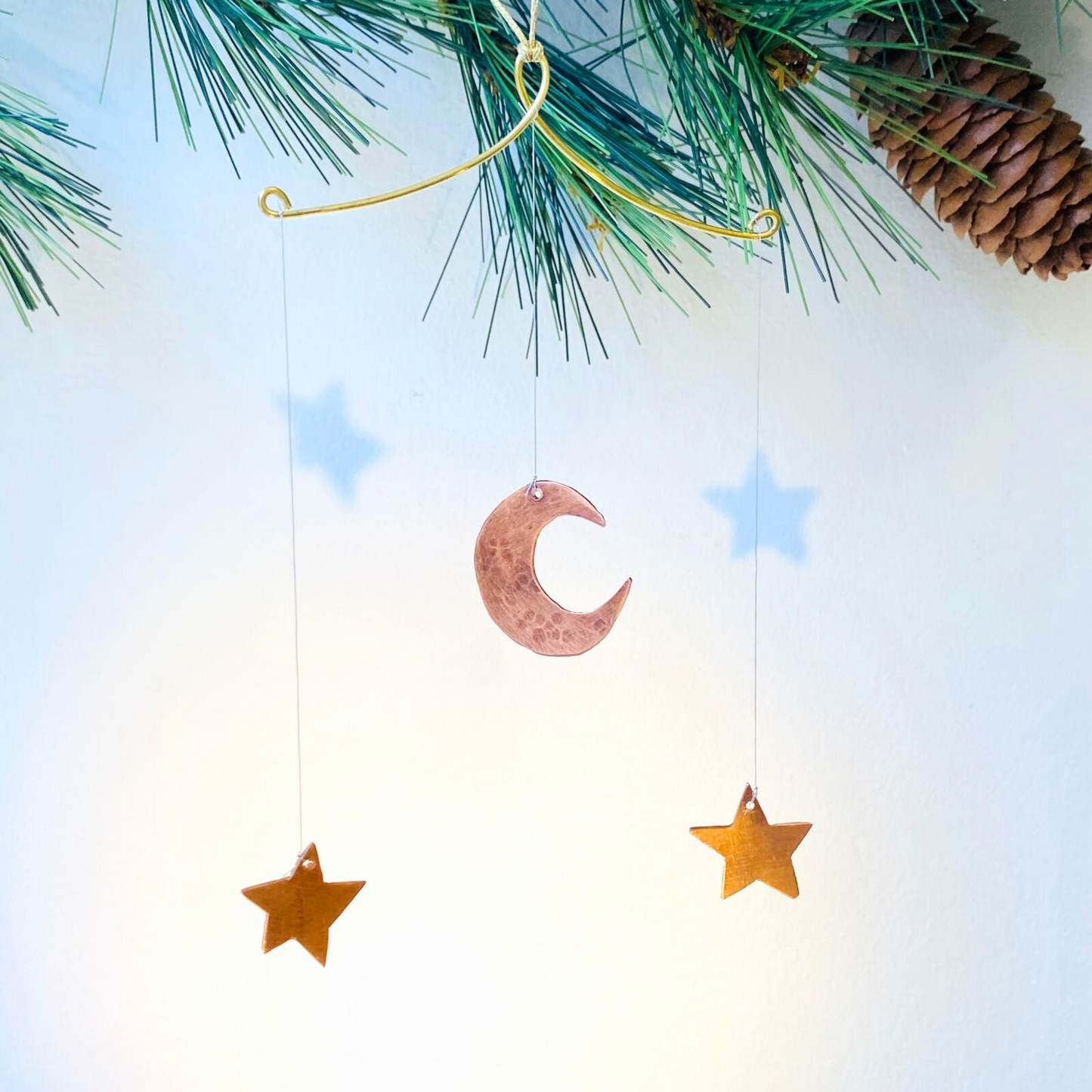 Handcrafted Lunar Metal Mobile - Copper Half Moon with Stars