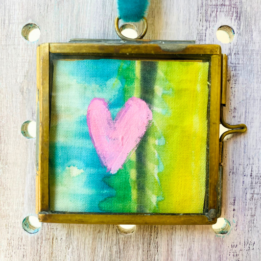 Hanging Heart Mini Frame -Pale Pink Heart with Turquoise & Green