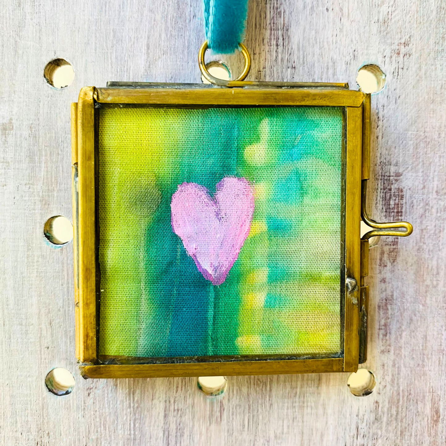 Hanging Heart Mini Frame - Pale Pink Heart with Turquoise & Green