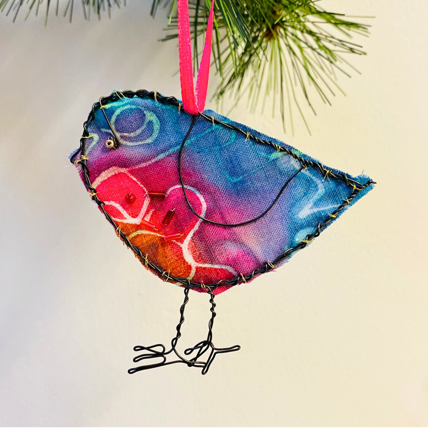 Wire & Batik Robin Decoration  - Blue & Pink