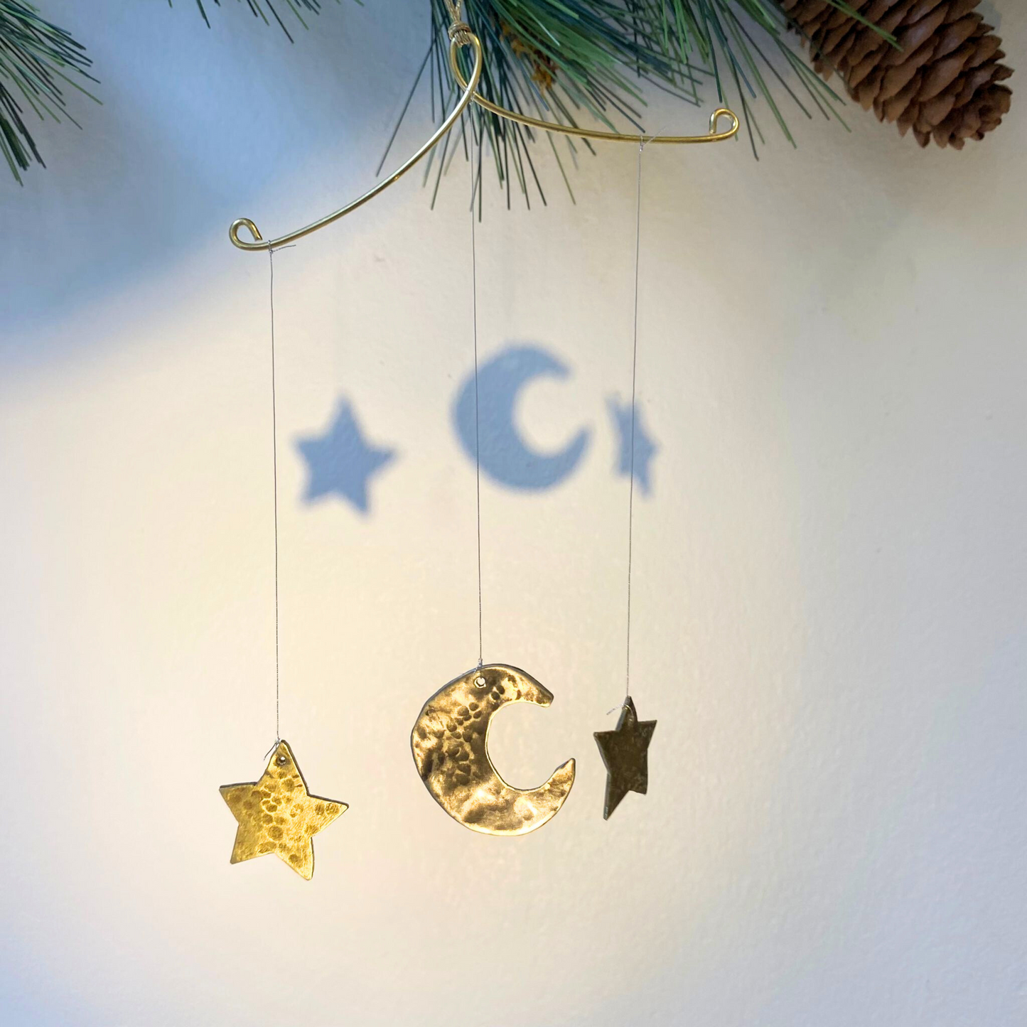 Handcrafted Lunar Metal Mobile - Nickel Half- Moon with two Brass Stars
