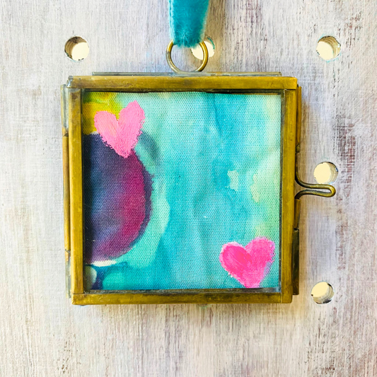 Hanging Heart Mini Frame - Two Pink Hearts with Turquoise