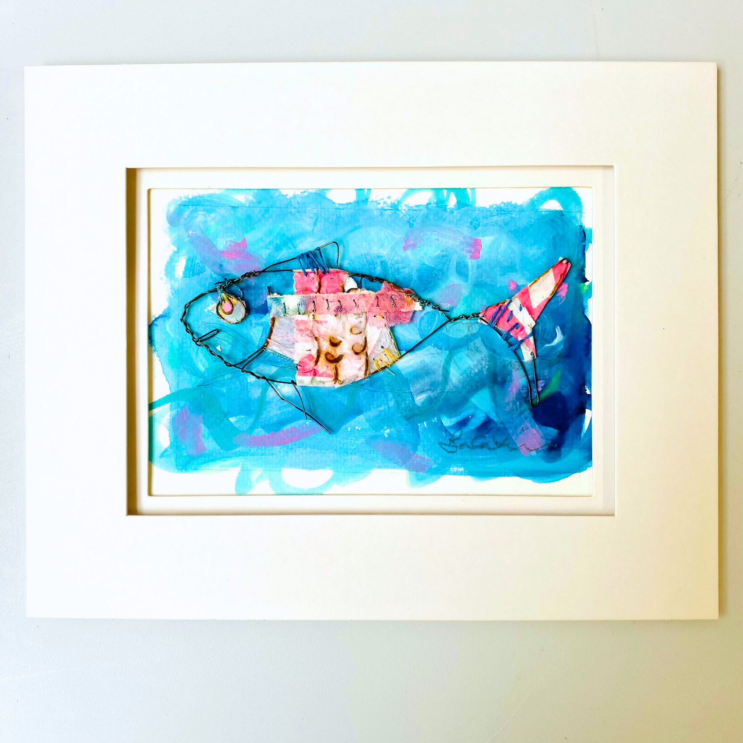 Framed Wire & Paper Fish on Painted Background