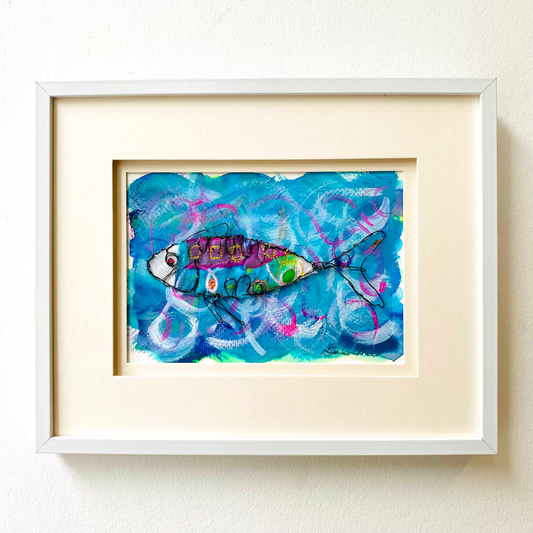 Framed Wire & Textile Fish on Painted Background