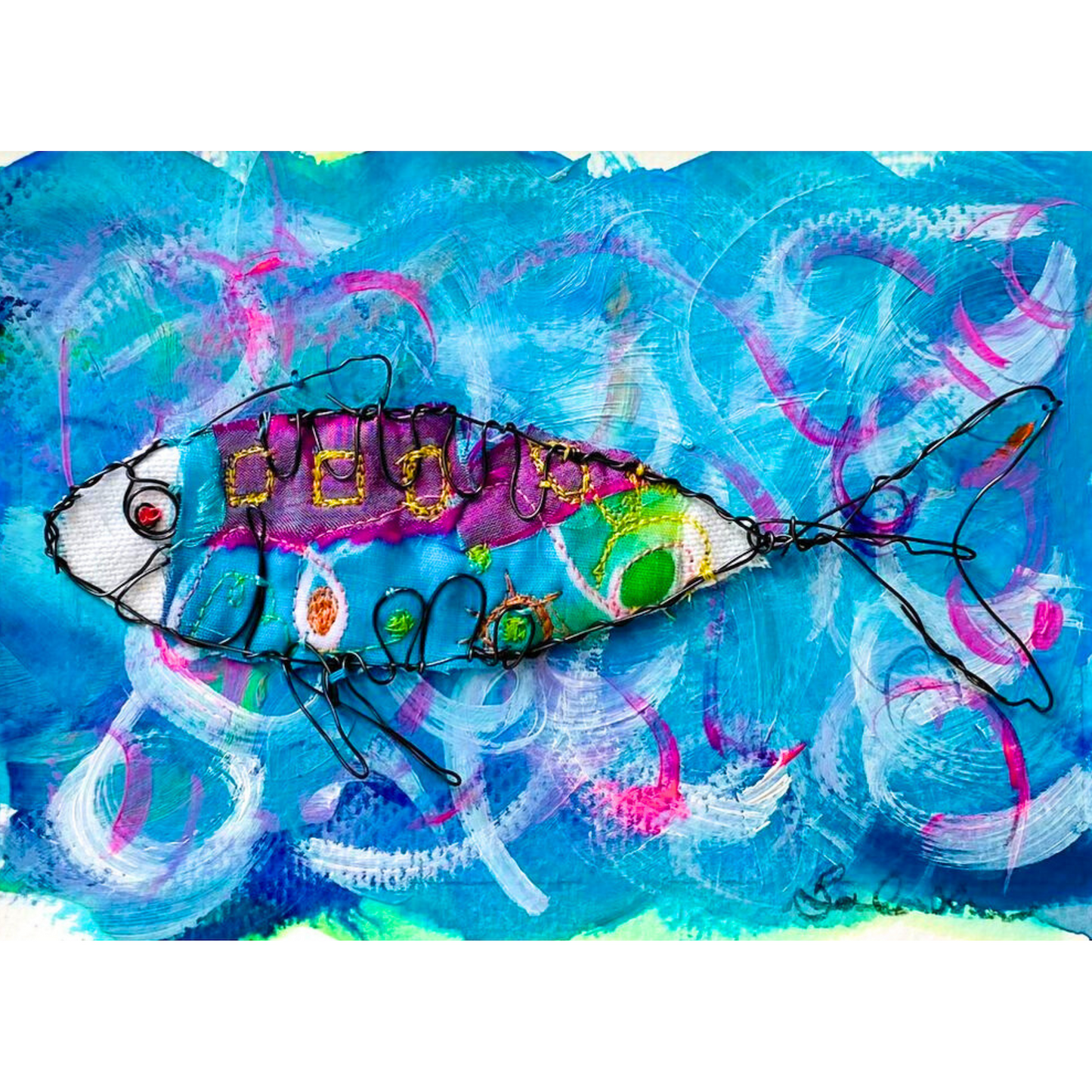 Framed Wire & Textile Fish on Painted Background